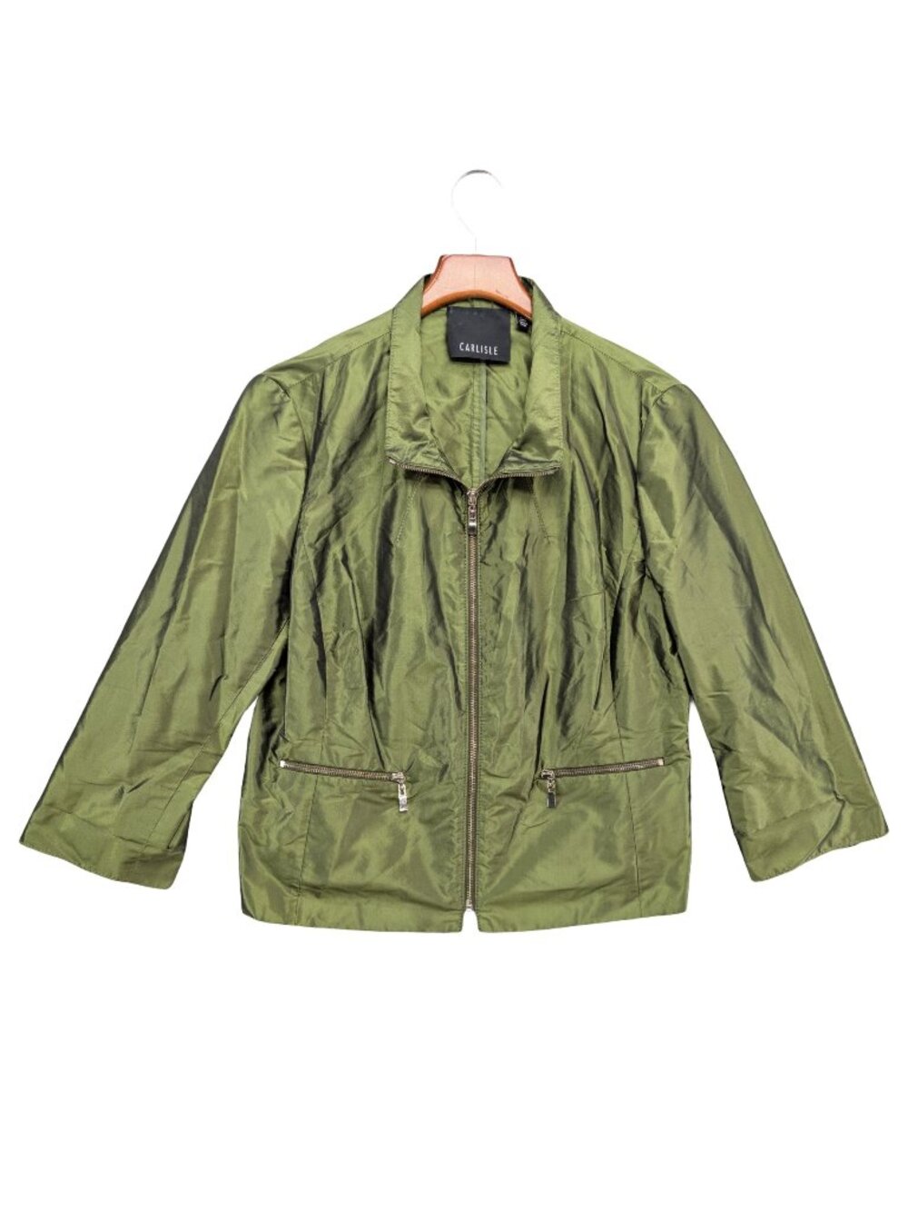 Carlisle Silk Taffeta Jacket Glowing Green Metallic Full Zip 3/4 Sleeve Size 14